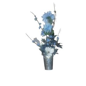 Blue and White Floral Arrangement in Silver Vase
